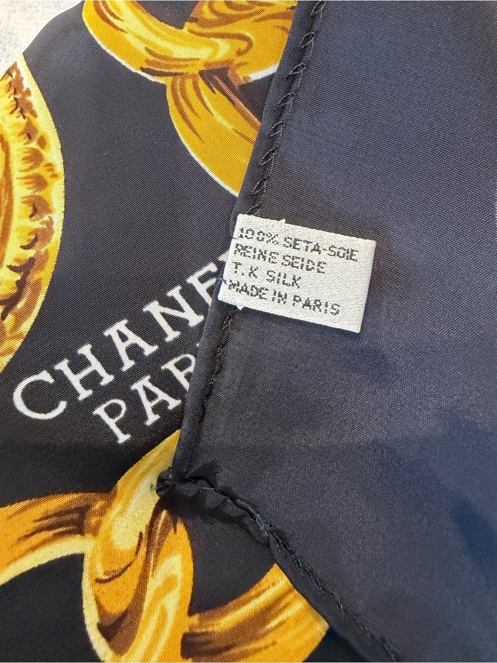 CHANEL Navy Blue and Gold Chain Print Silk Scarf